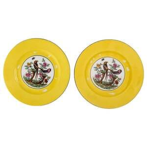 Victoria Czecho-Slovakia Plates Yellow Bird Floral Porcelain 7.5in Pair VTG